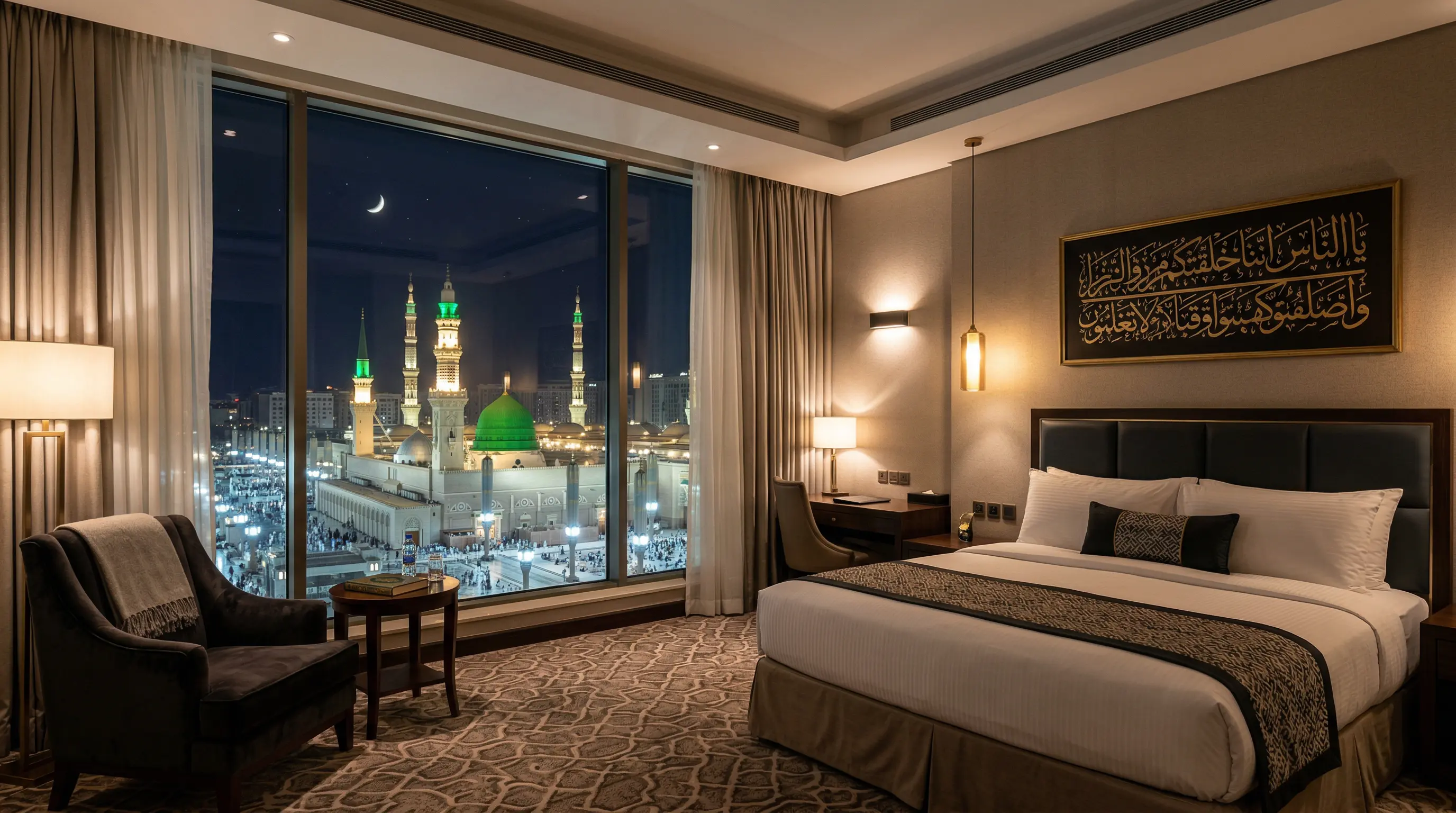 Medine lüks otel lobisi ve Mescid-i Nebevi manzarası