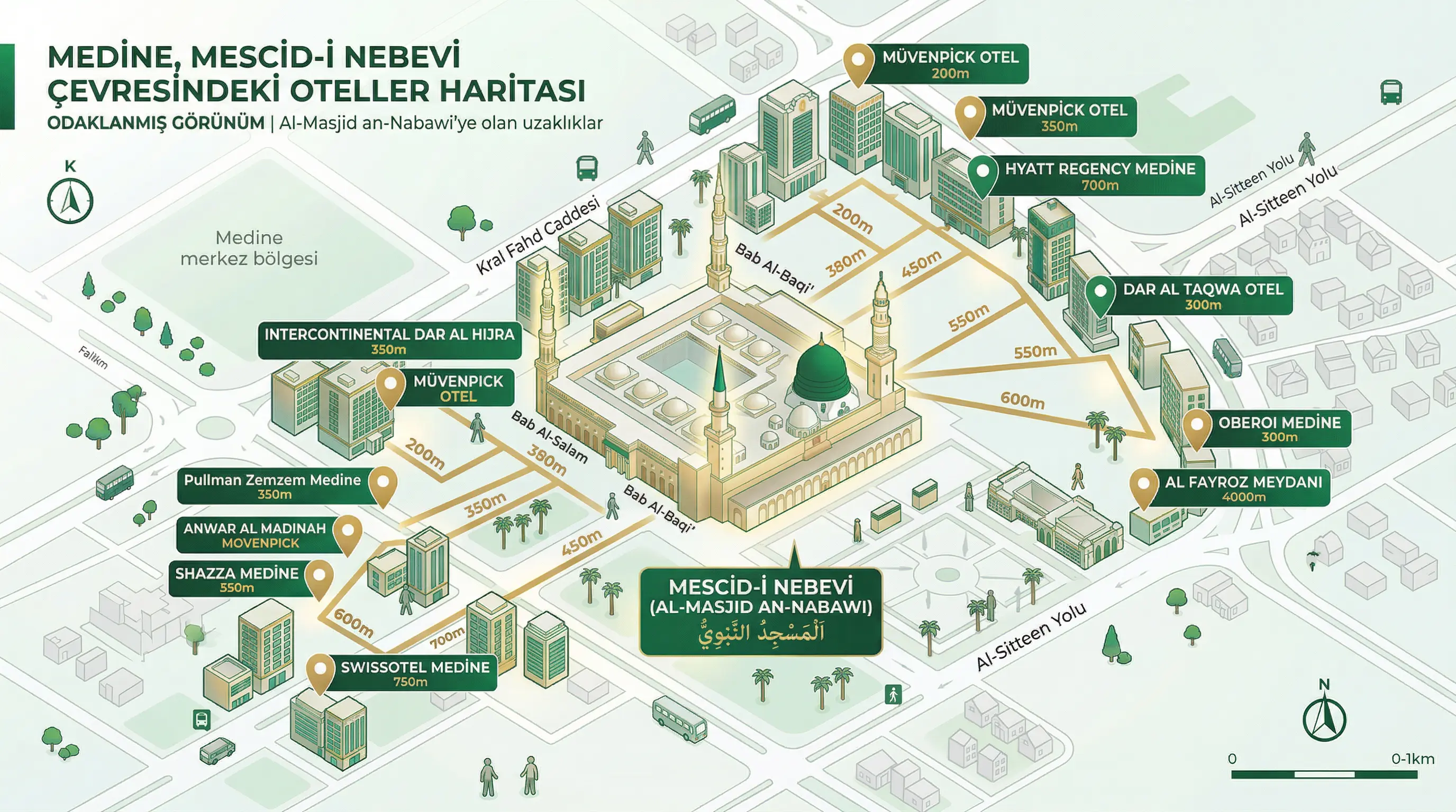Medine orta segment otel dış görünüm ve Mescid yakınlık haritası