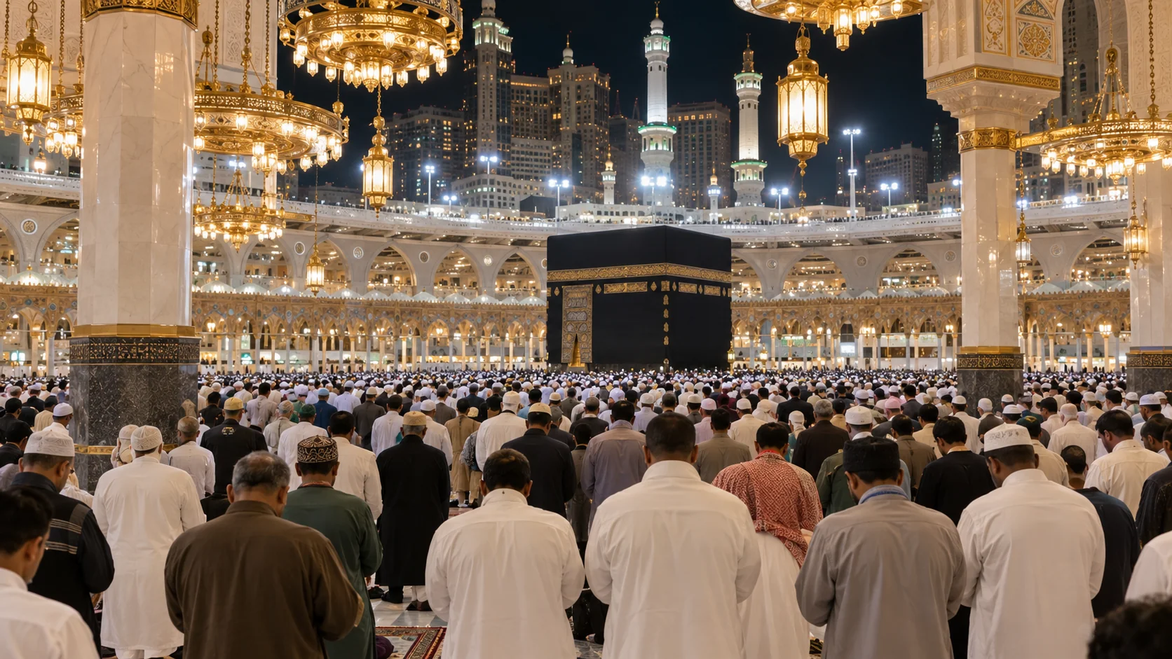 Ramazan gecesi Mescid-i Haram'da teravih namazı için saf tutmuş kalabalık