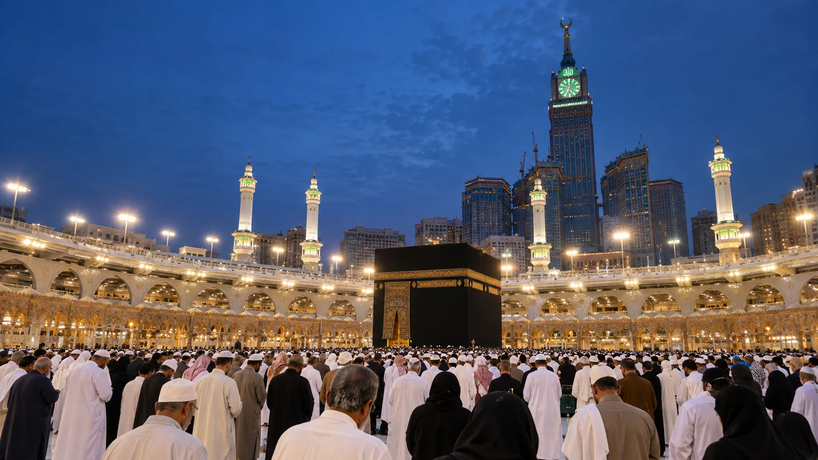 Akşam ezanı vaktinde Mescid-i Haram avlusunda namaza duran kalabalık