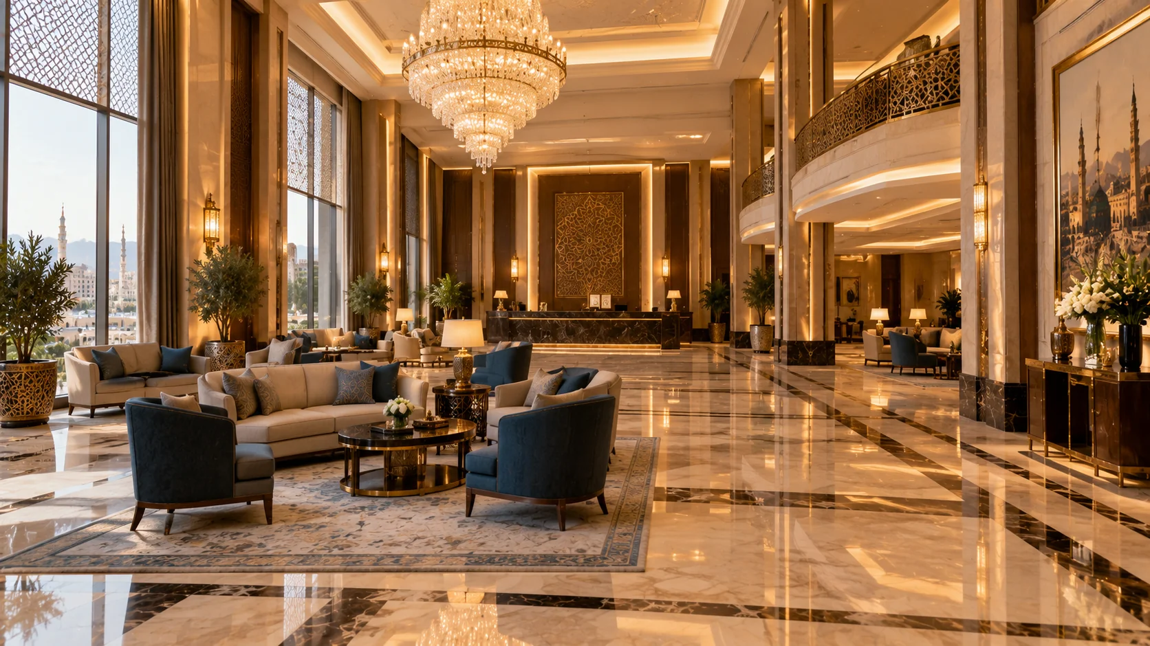 Beş yıldızlı otel lobisinde mermer zemin, kristal avize ve oturma grubu