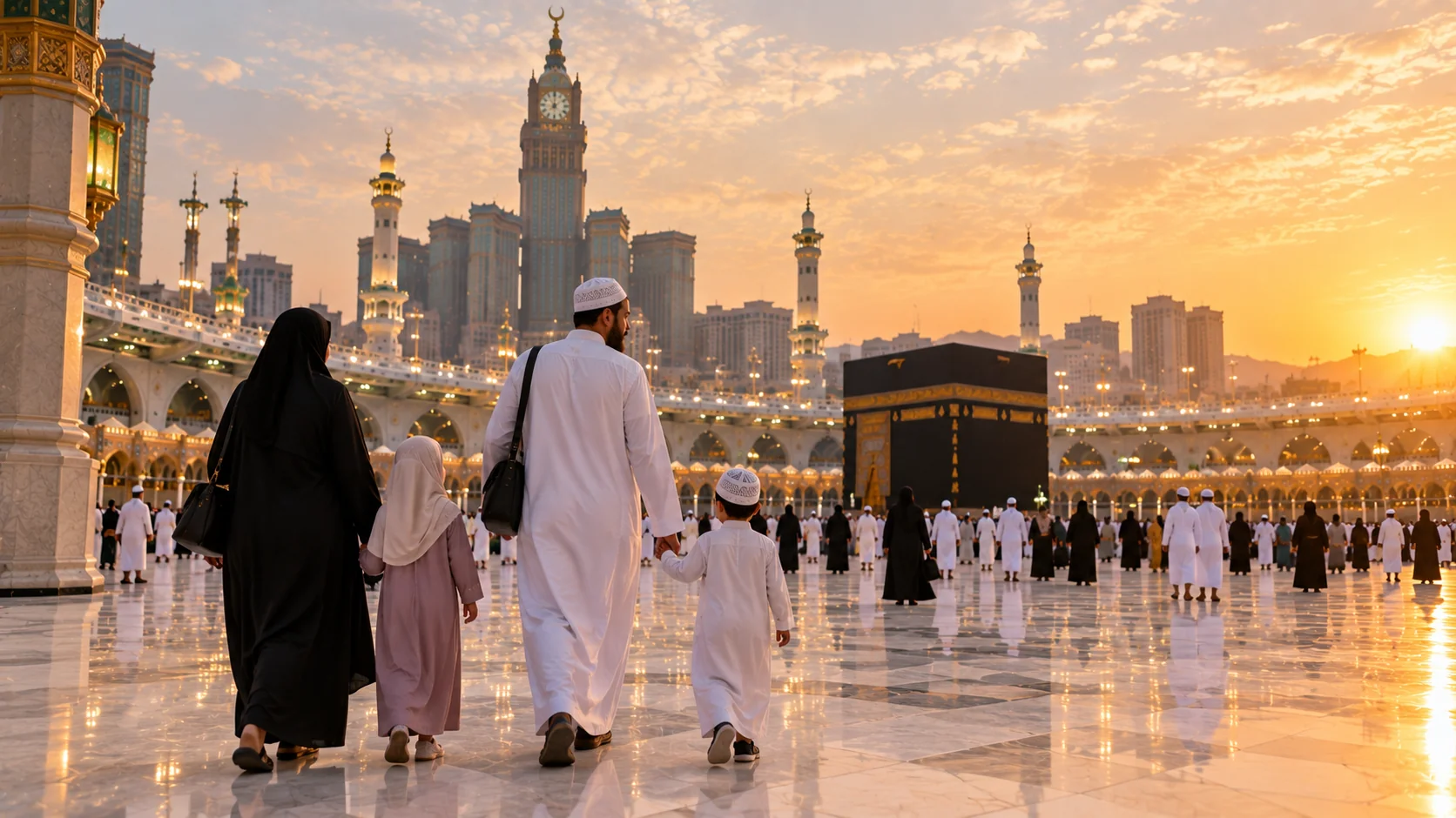 Tesettürlü anne, baba ve iki çocuktan oluşan Türk ailesi Mescid-i Haram avlusunda birlikte yürüyor