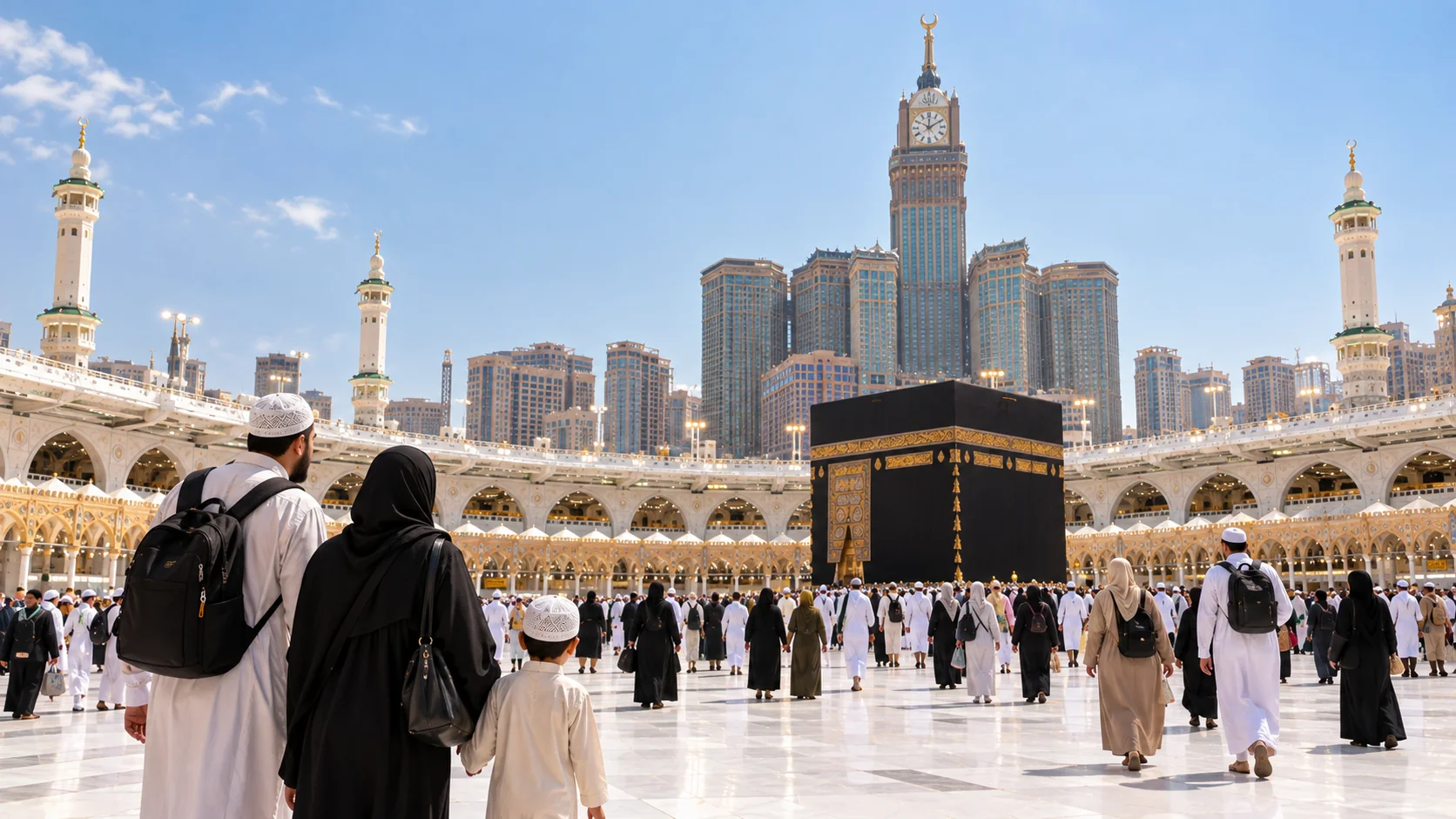 Ekim ayında ılıman havada Mescid-i Haram avlusunda rahat yürüyen yolcular