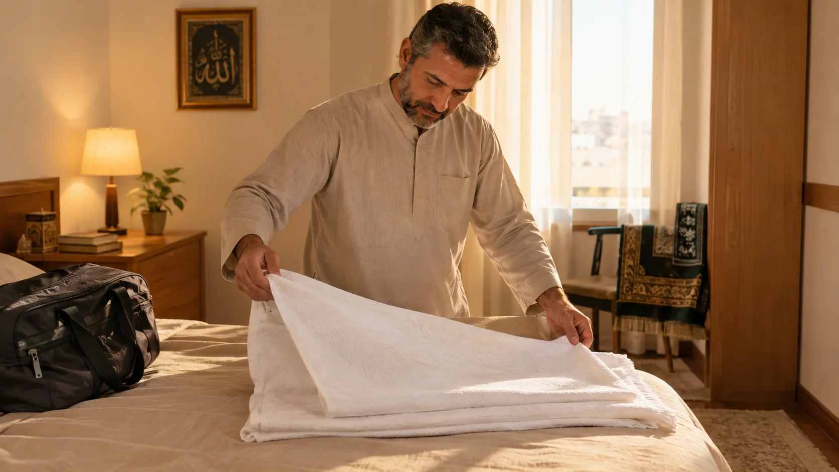 Umre öncesi evde ihram kumaşını ilk kez katlayan orta yaşlı adam