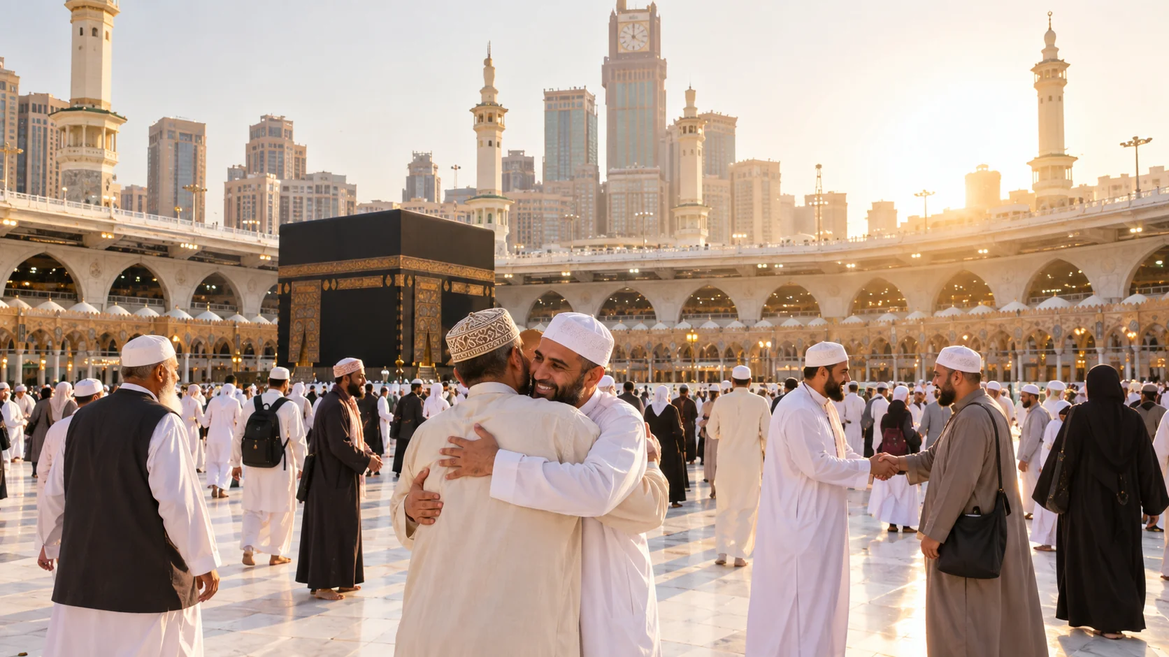 Bayram sabahı Mescid-i Haram avlusunda bayram namazı sonrası birbiriyle bayramlaşan yolcular