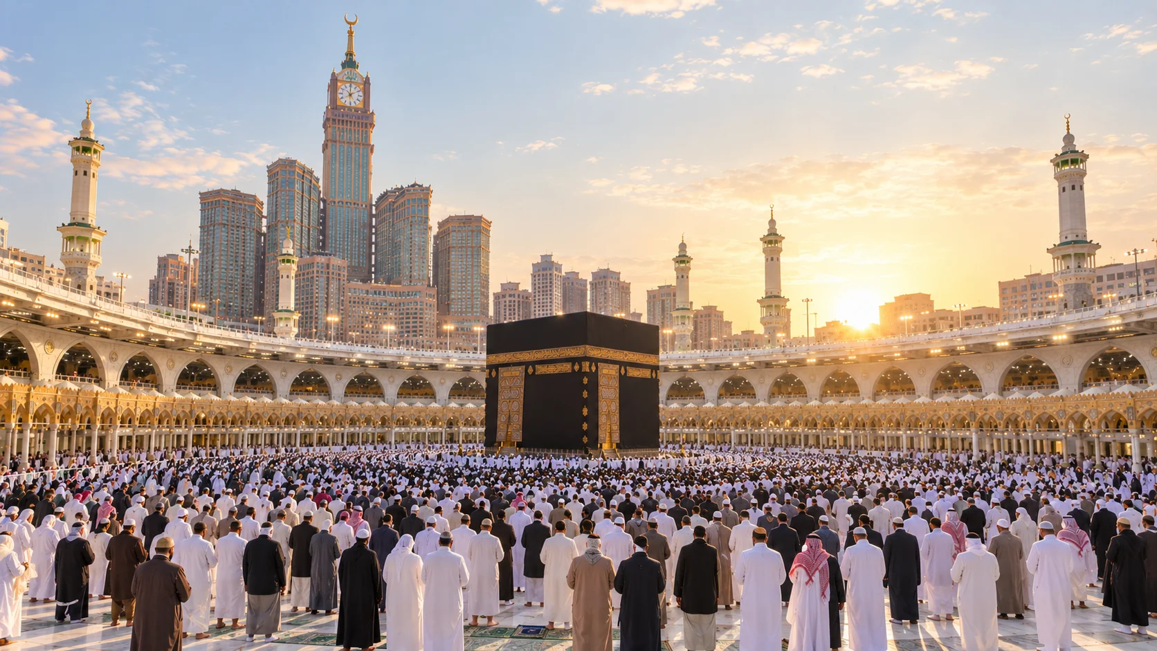 Ramazan Bayramı sabahı Mescid-i Haram'da bayram namazına duran saflar