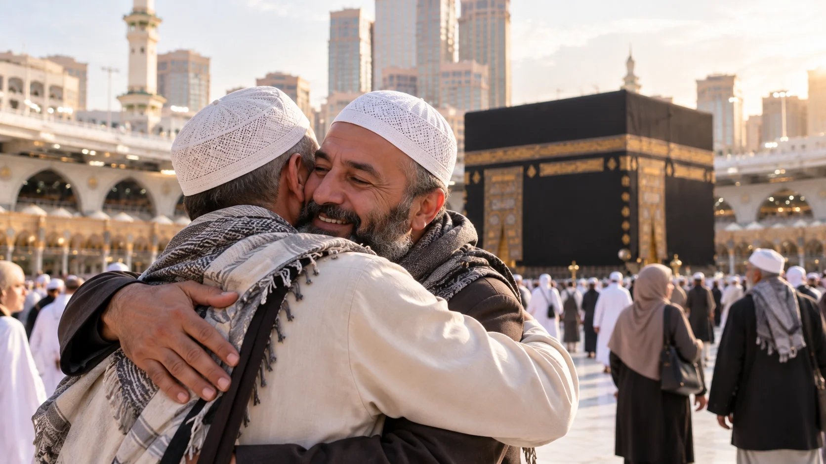 Bayram sabahı Harem avlusunda kucaklaşıp bayramlaşan iki yolcu