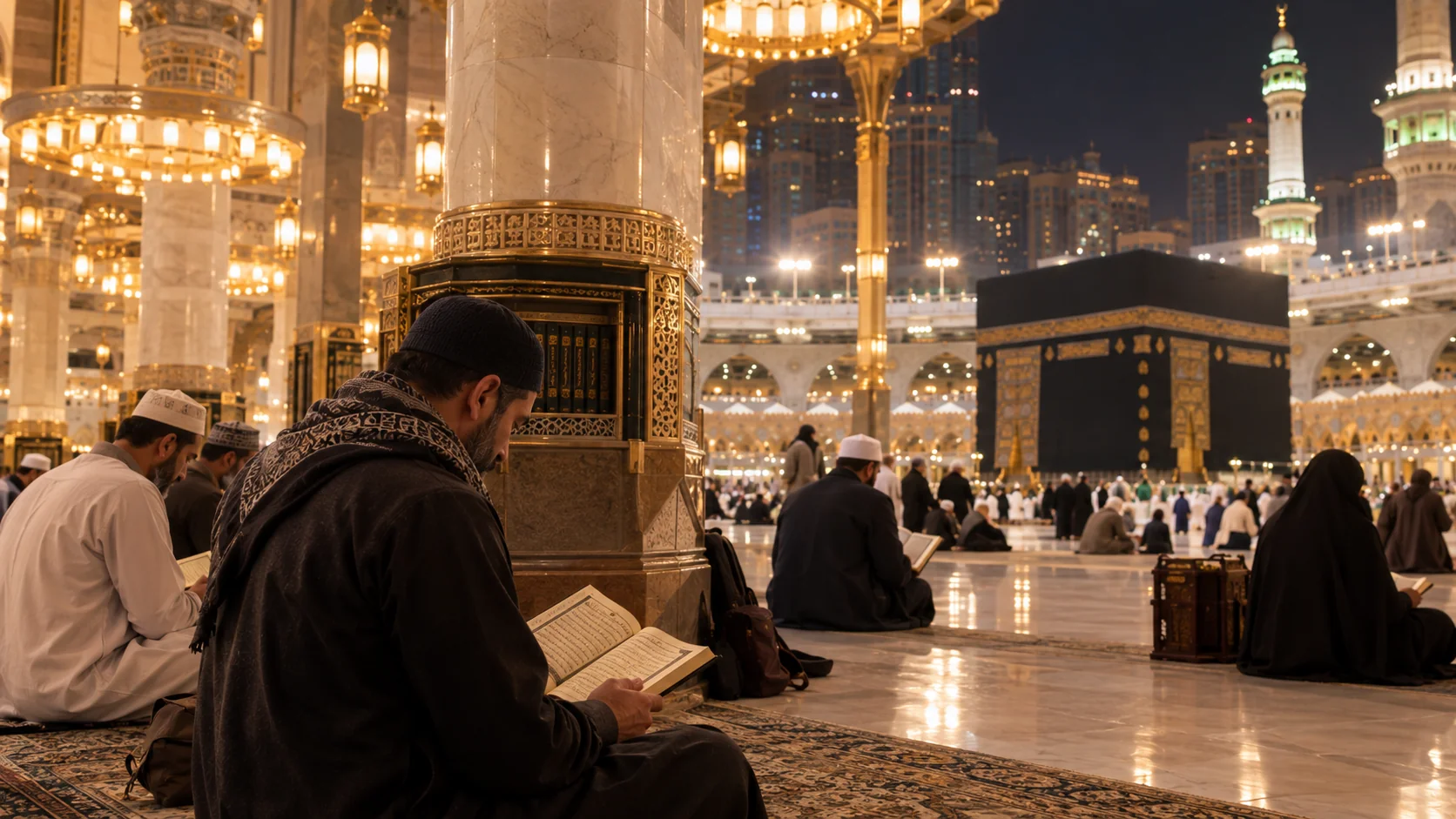 Ramazan gecesi Mescid-i Haram'da Kur'an okuyan yolcular