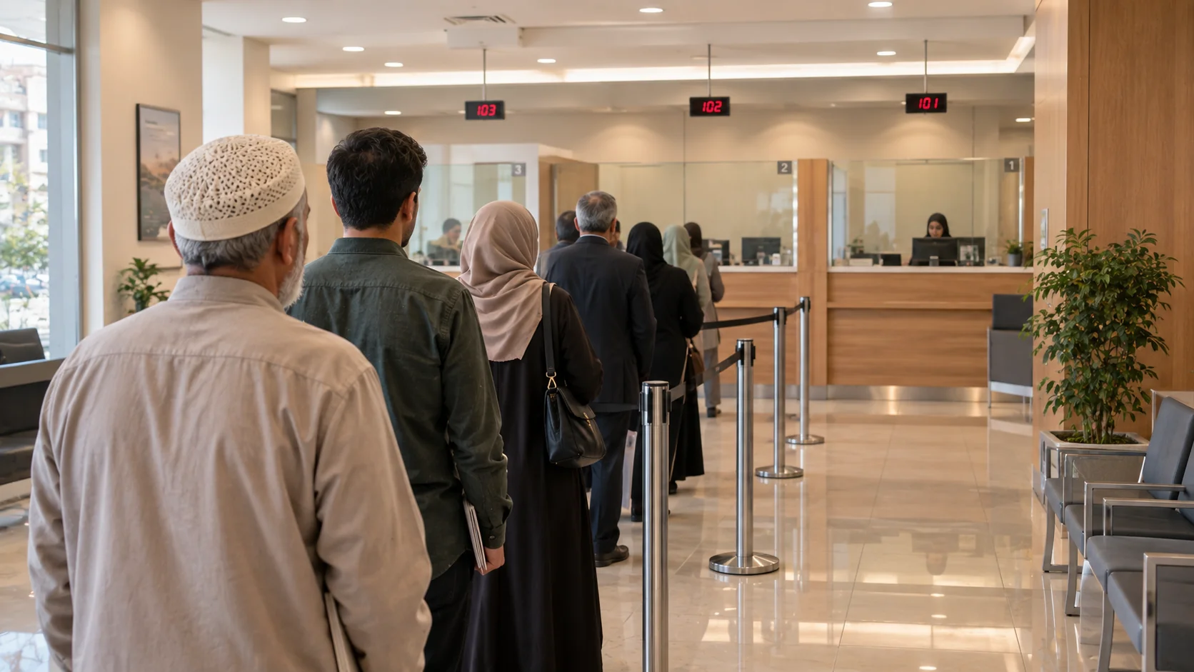 Bir banka şubesinin sade iç mekânı: gişe önünde sıra bekleyen müşteriler, arkadan çekilmiş