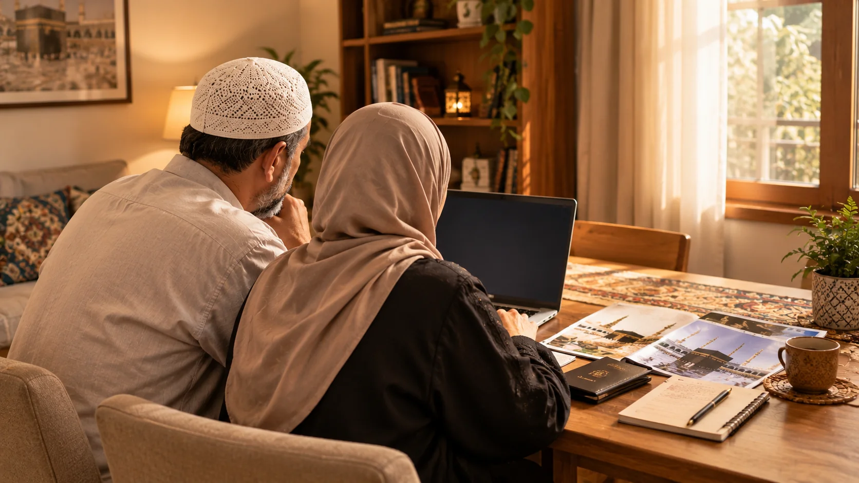 Ev ortamında dizüstü bilgisayar başında umre planlaması yapan orta yaşlı çift