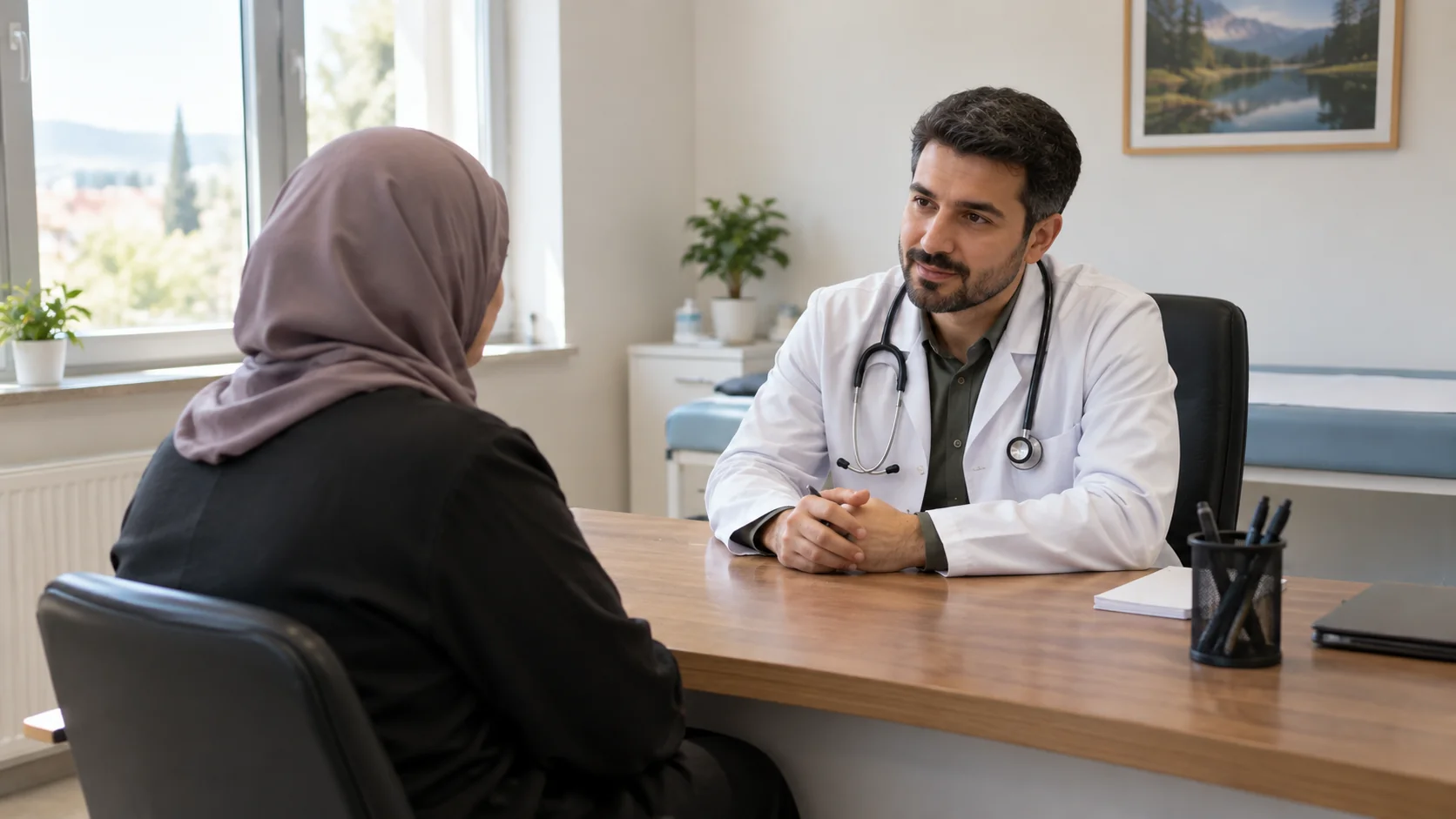 Aile hekimliği muayene odasında hastasıyla konuşan doktor