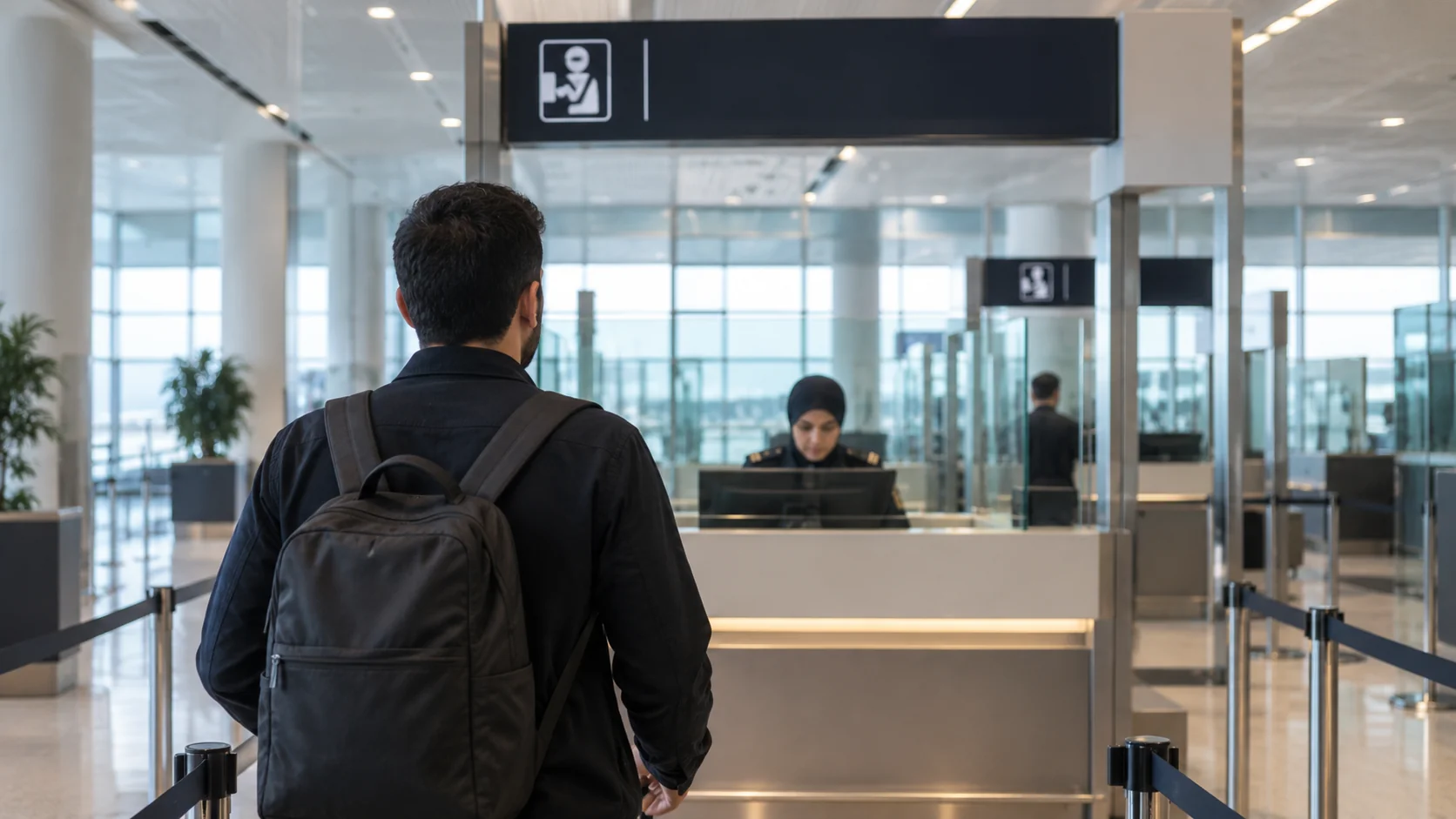 Havalimanı pasaport kontrol bankosuna yaklaşan yolcu, arkadan çekim