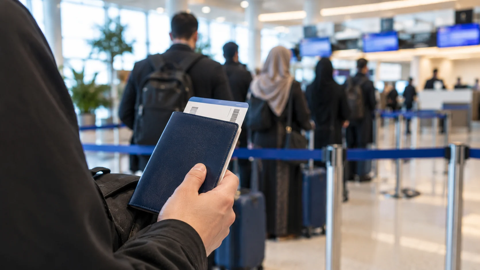 Elinde pasaport kabı tutan bir yolcunun eli, arkada bulanık check-in kuyruğu