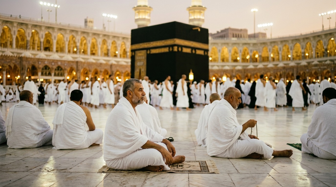Kabe tavafını tamamlayan deneyimli hacılar, Harem avlusunda ikinci kez haccın huzur dolu atmosferi
