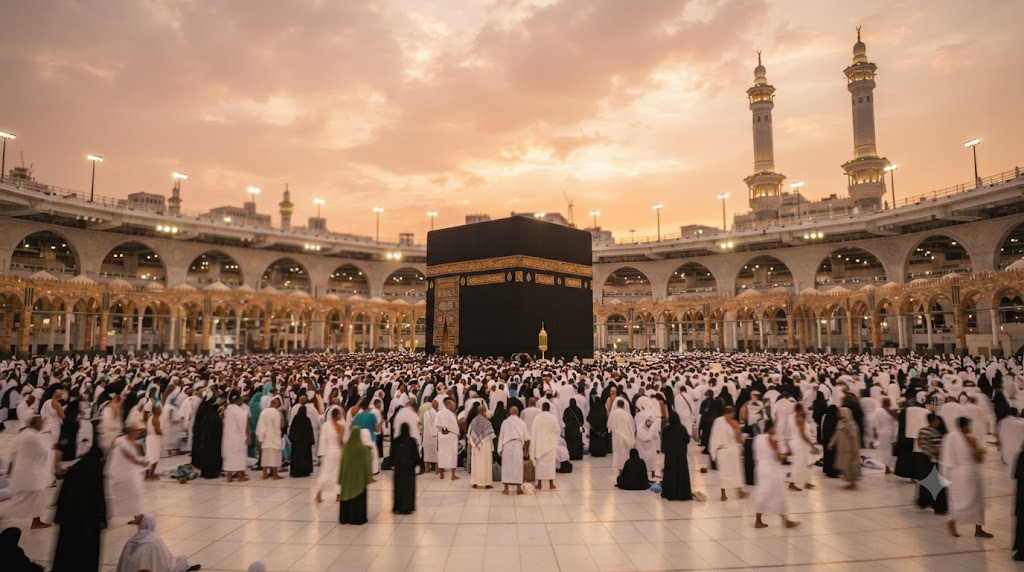 Mekke'de Mescid-i Haram'ın kuşbakışı görünümü, Kabe'nin merkezdeki konumu, gün batımında altın sarısı ışık, dünya Müslümanlarının kıblesi