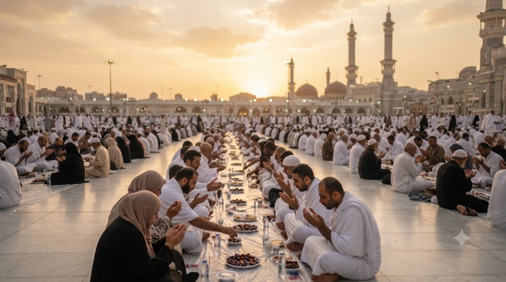 Kadir Gecesi'nde Mescid-i Haram'da iftar sonrası ibadet eden hacıların huzurlu atmosferi, altın ışıklarla aydınlanmış Kabe, beyaz ihram giysileri, tevazu ve maneviyat dolu bir sahne