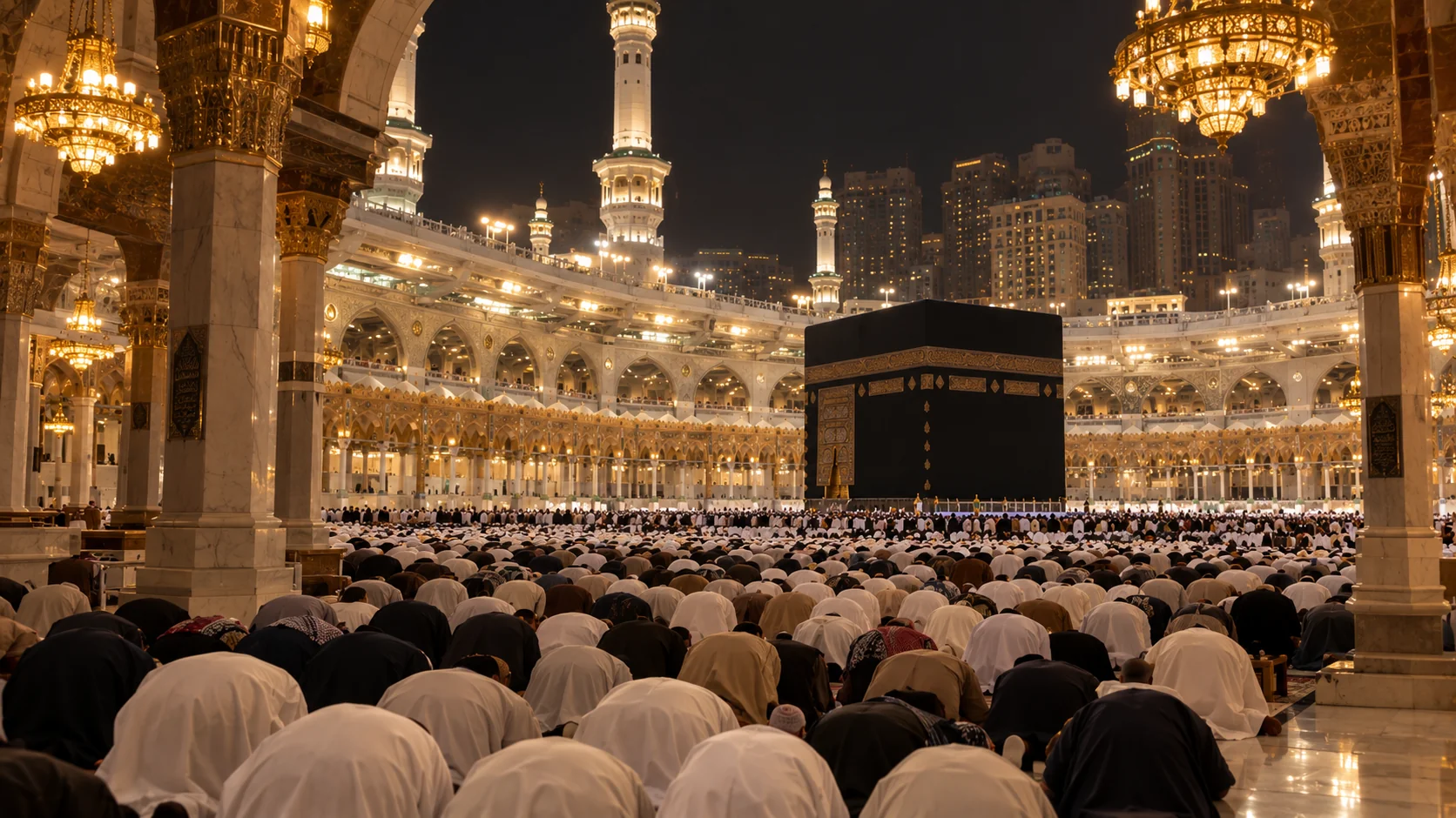 Kadir gecesi Mescid-i Haram'da secdeye kapanmış kalabalık saflar
