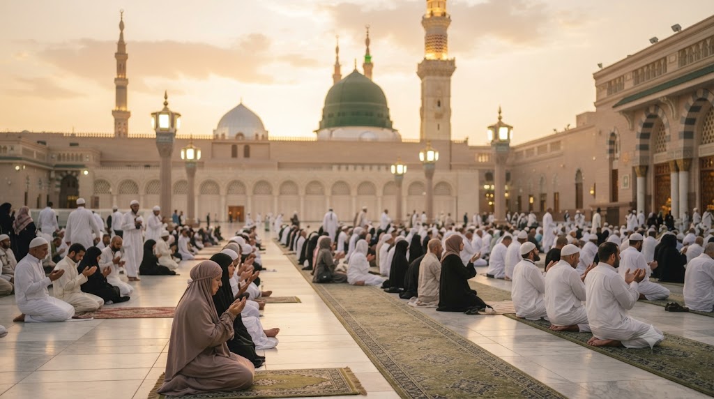 Haramain Hızlı Treni'nin modern istasyondan ayrılırken, iki kutsal şehir arasında yüksek hızla ilerleyen trenin panoramik görünümü, çöl manzarası, modern ulaşım altyapısı, profesyonel kompozisyon