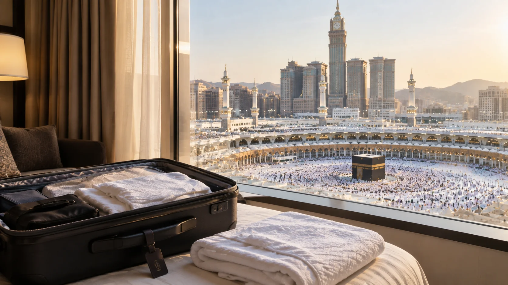 Mekke'de otel odası penceresinden Mescid-i Haram manzarası