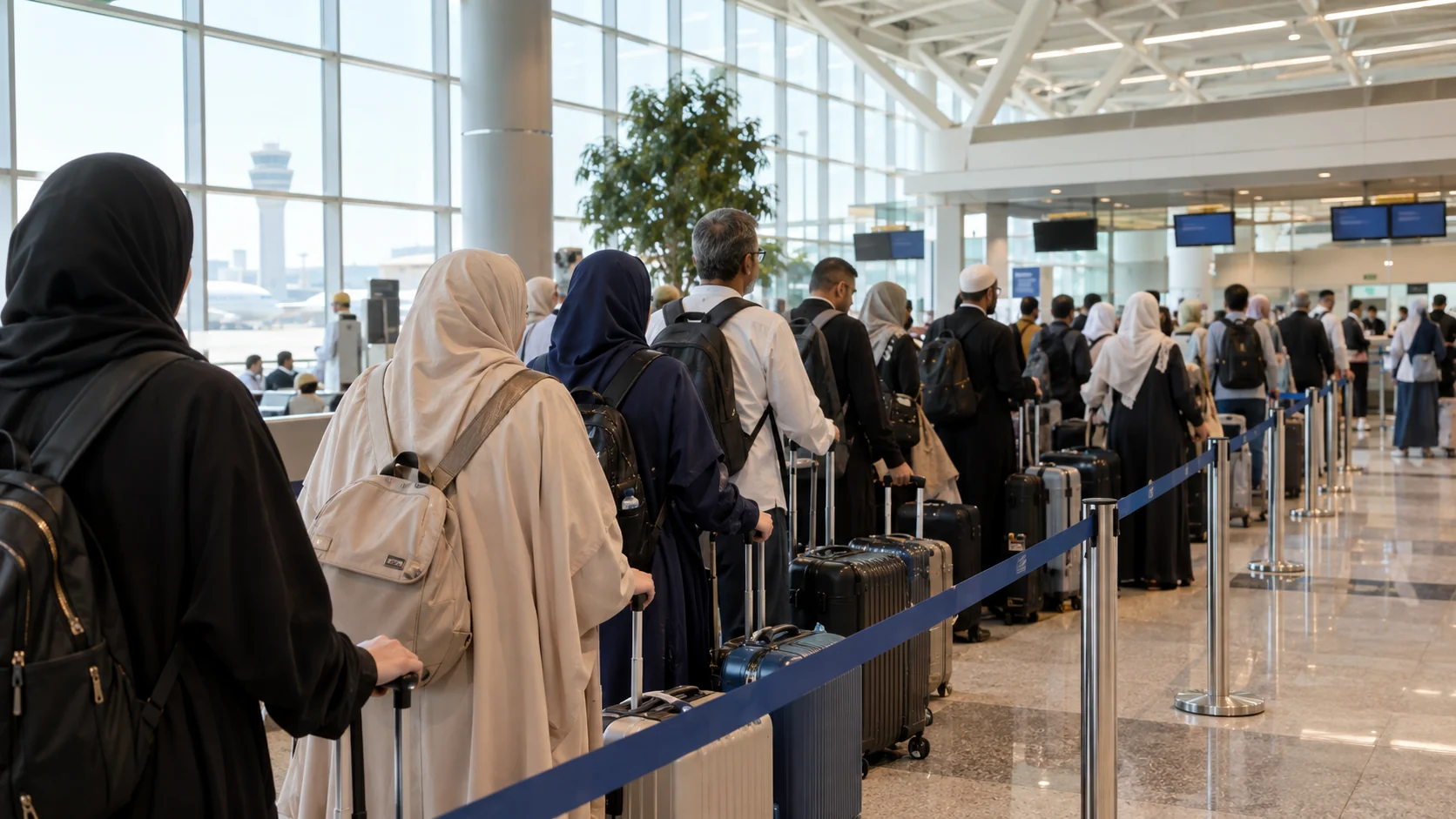 Havalimanı check-in kuyruğunda bekleyen tesettürlü Türk umre kafilesi, valizler ve el bagajlarıyla