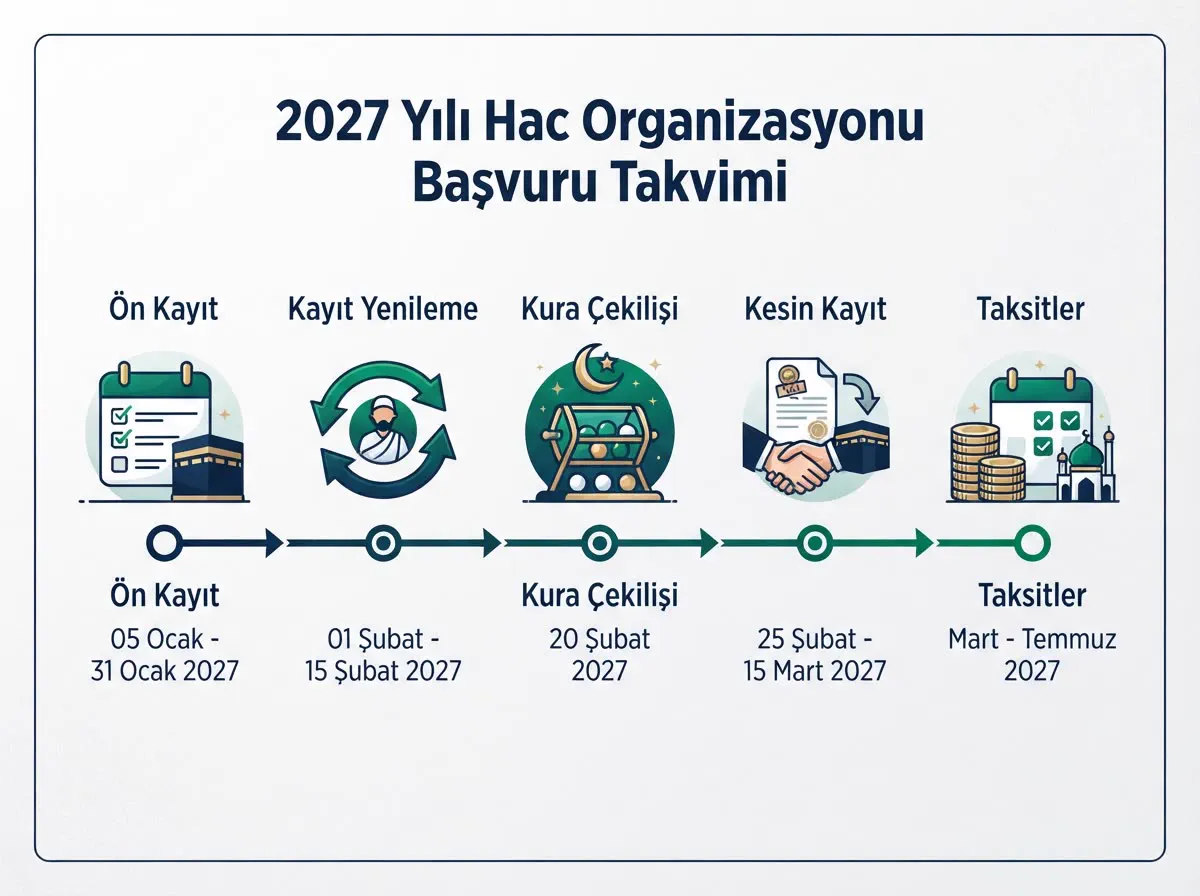 2027 Hac Kayıtları Hero: Diyanet e-Devlet üzerinden hac başvuru ekranı, ön kayıt takvimi, kura sistemi görseli