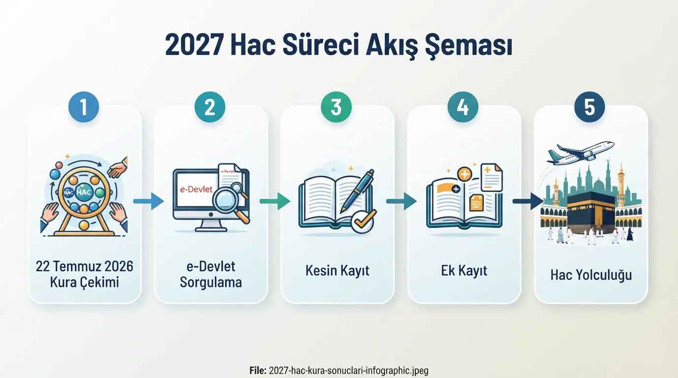 2027 Hac Süreci İnfografik: kura, kesin kayıt, ek kayıt, aşı, kafile, Mekke, Medine, ihram, tavaf, sa'y, Arafat, Müzdelife, Mina, şeytan taşlama, kurban, veda tavafı, dönüş aşamaları