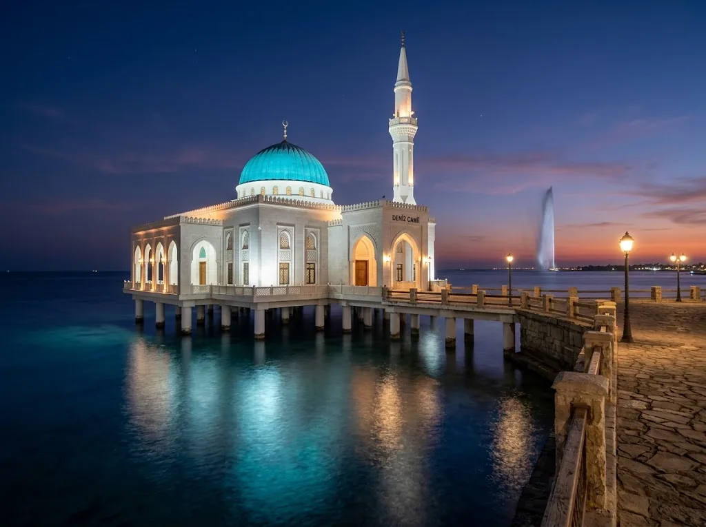 Cidde Corniche sahilinde deniz üzerine kurulu turkuaz kubbeli Al-Rahma Camii ve arkasında yükselen fıskiye