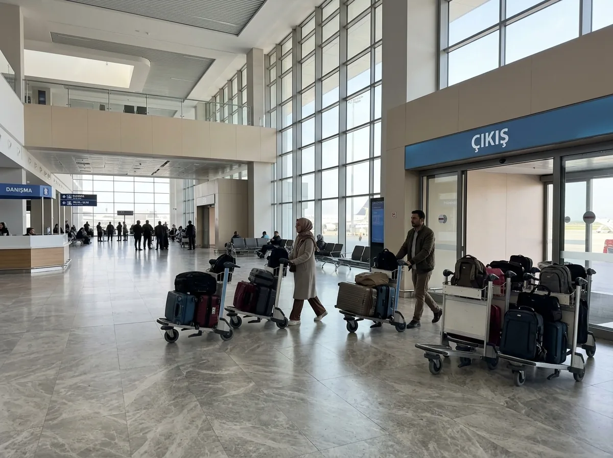 Havalimanı varış salonunda bagaj arabasıyla transfer noktasına yönelen yolcu akışı