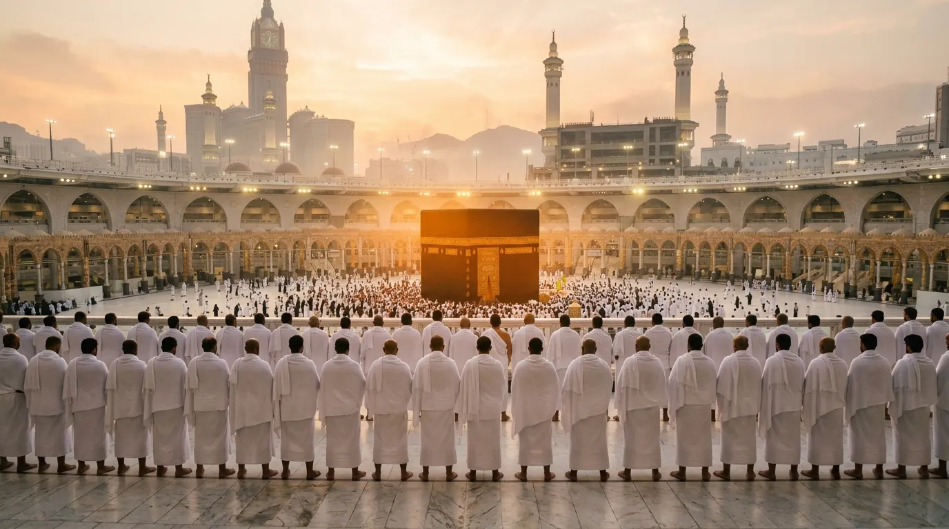 Mescid-i Haram'da gün batımında saf tutmuş ihramlı umre yolcuları