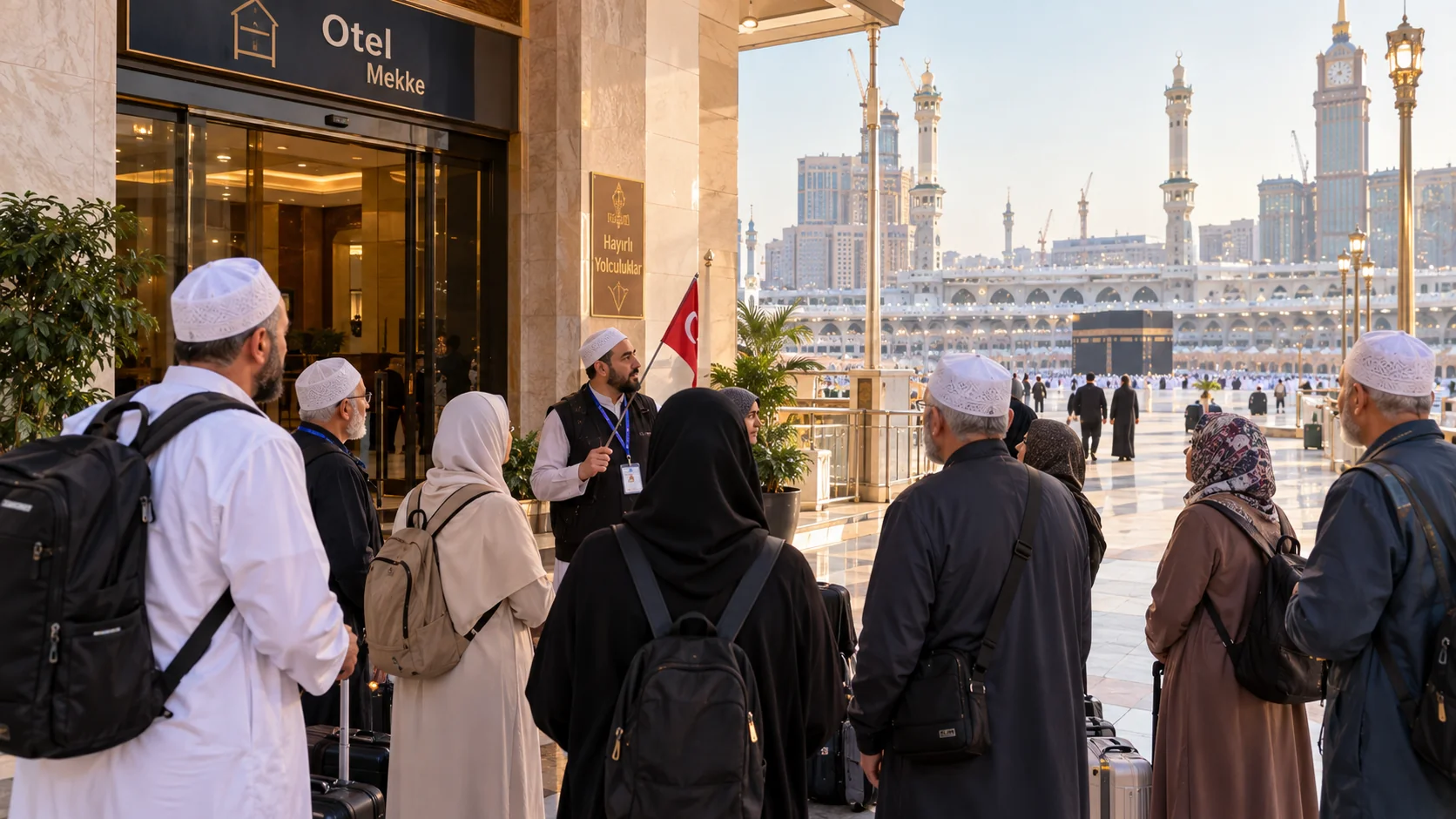 Mescid-i Haram'a yürüme mesafesindeki otel çıkışında toplanan Türk umre kafilesi