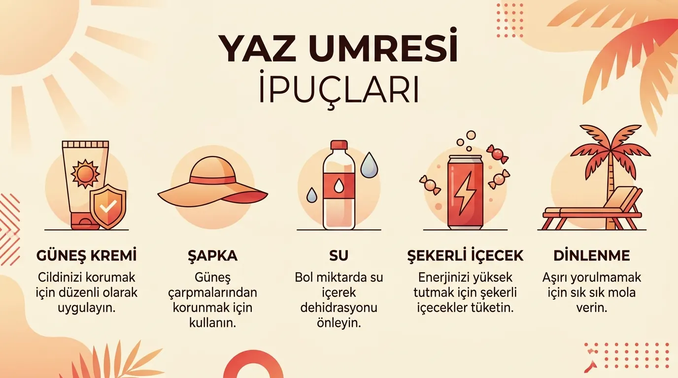 Yaz umresinde güneşten korunma, su tüketimi ve dinlenme ipuçları
