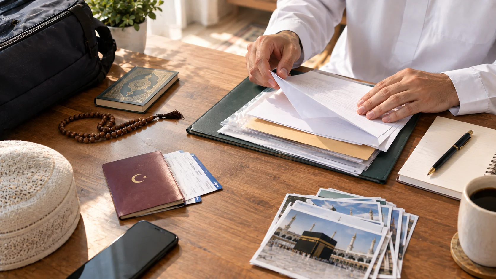 Umre hazırlığı yapan bir kişi masada belgelerini düzenlerken elleri görünüyor