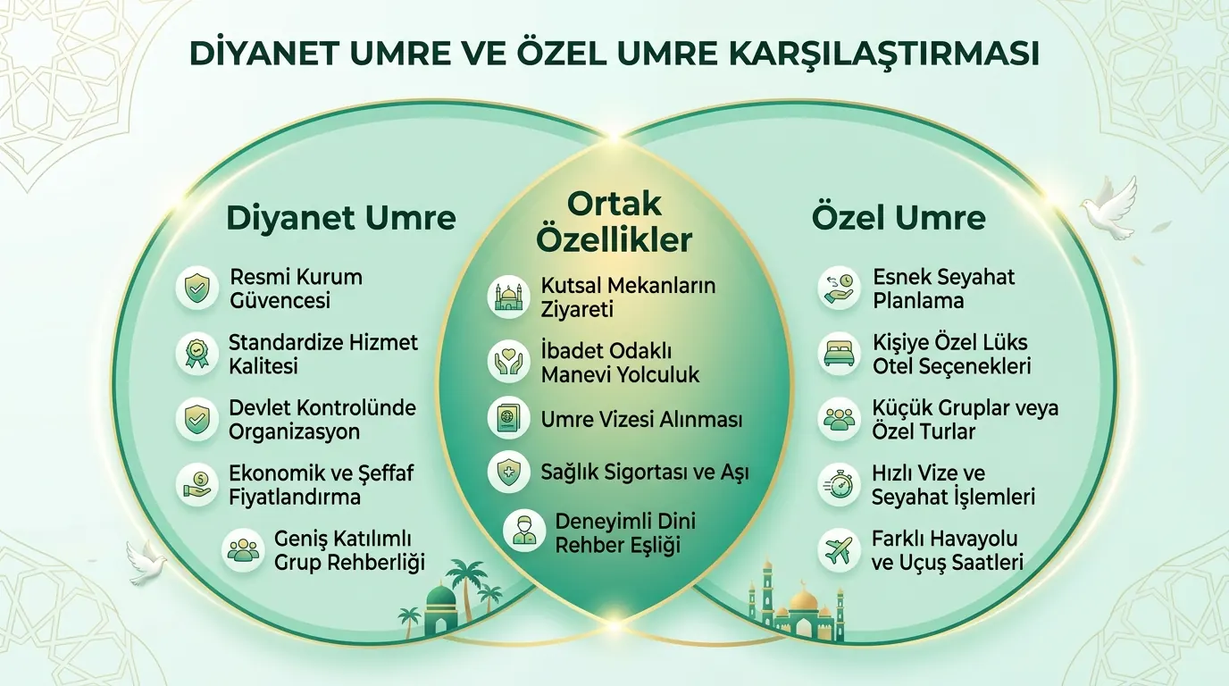 Diyanet umresi ile özel acente umresinin ortak ve farklı yönlerini gösteren şema