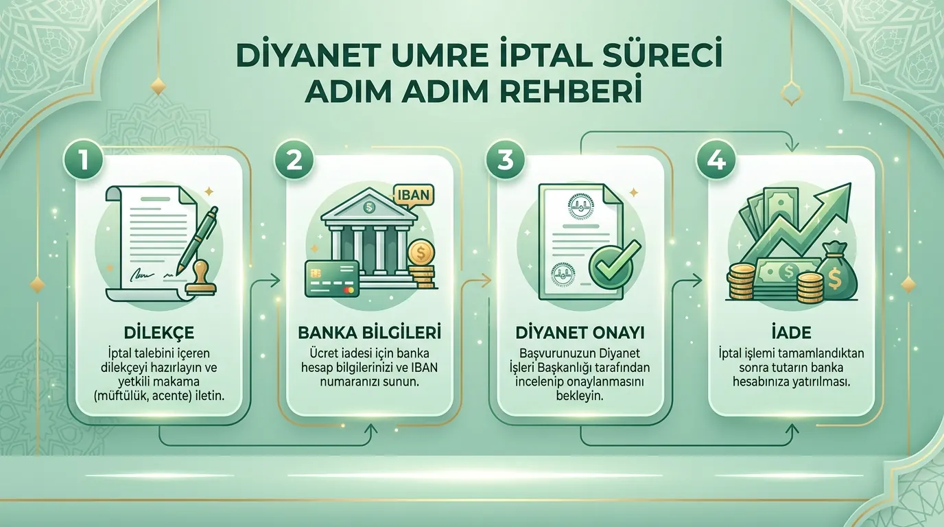 Diyanet umre iptalinde dilekçe, banka bilgisi, onay ve iade adımları