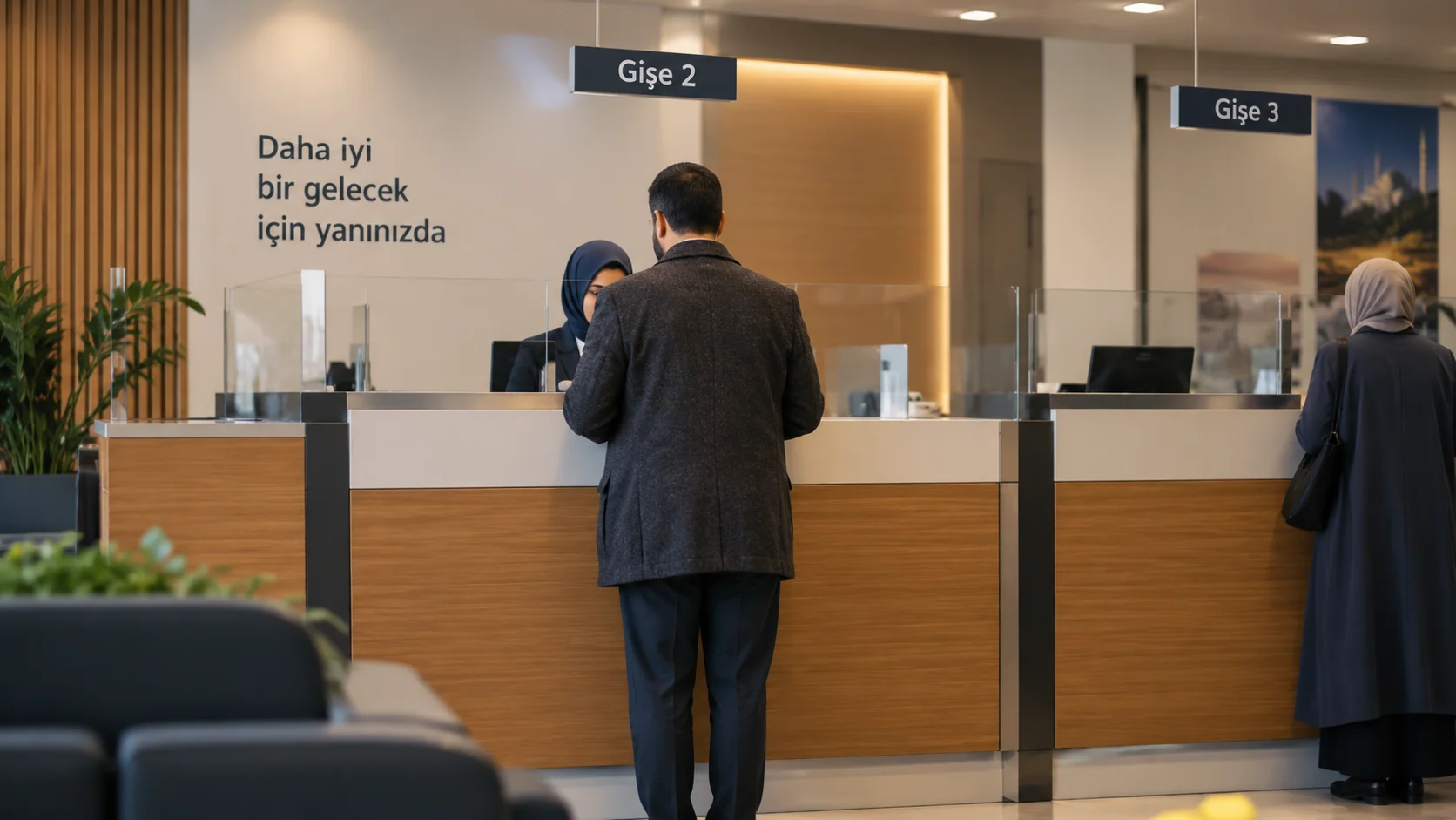 Banka şubesinde gişe önünde işlem yapan bir müşteri, arkadan çekim
