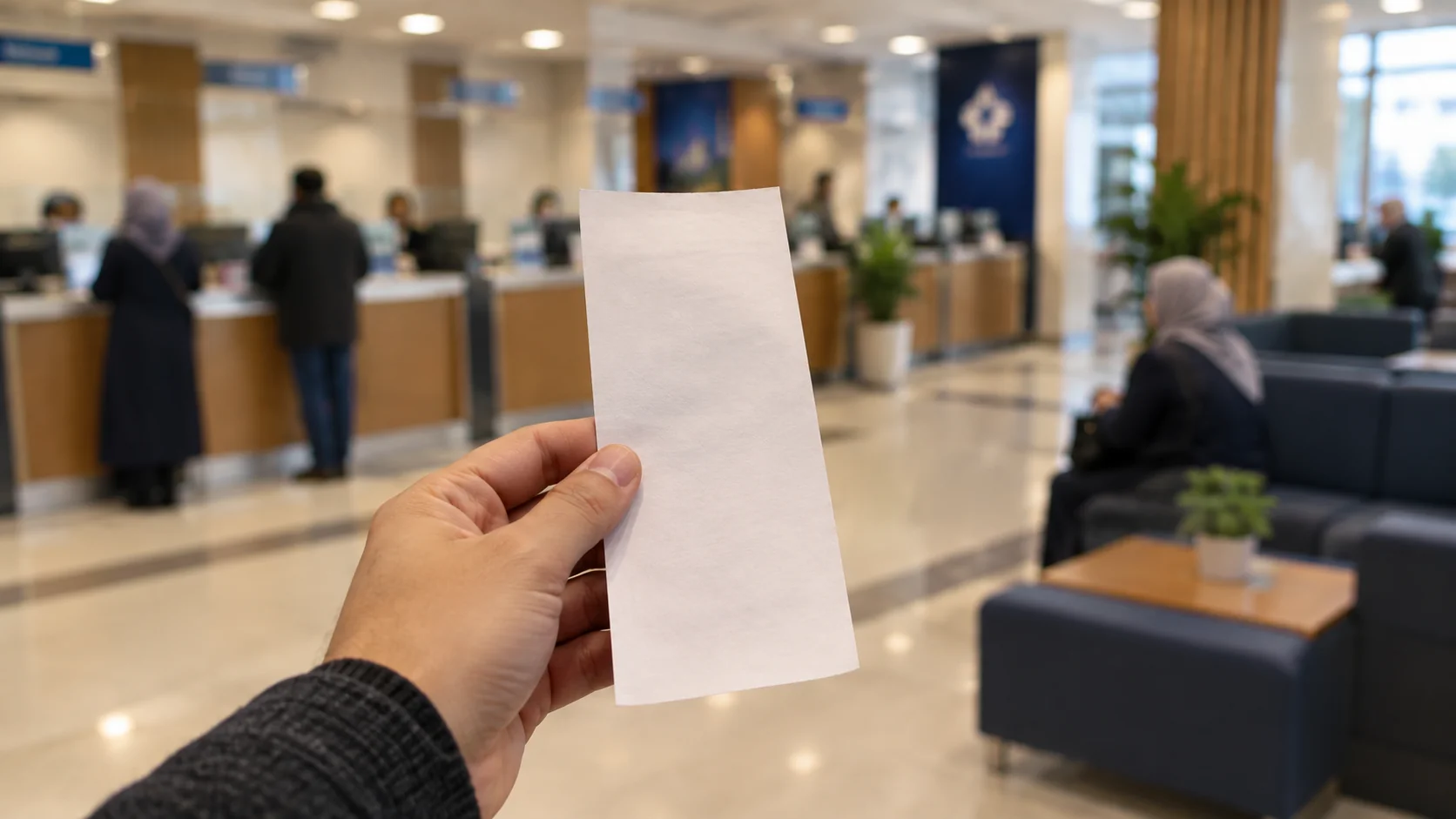 Elde tutulan boş bir dekont kâğıdı ve arka planda bulanık banka içi
