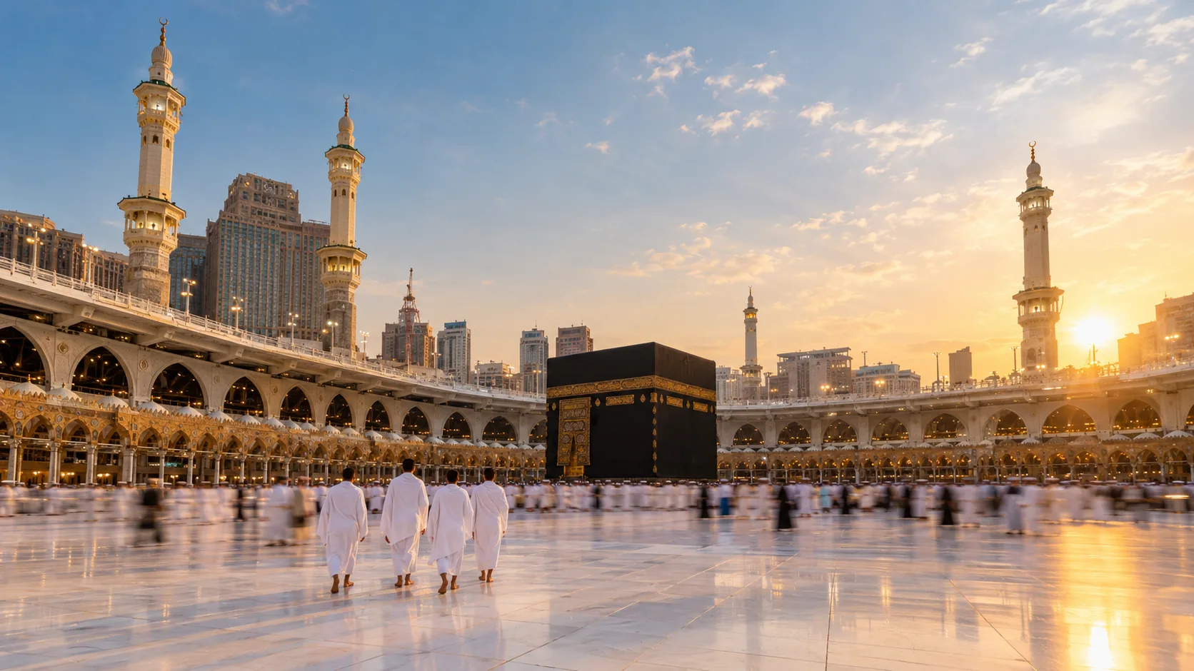 Mescid-i Haram avlusunda ihramlı genç umreciler ve arka planda Kabe