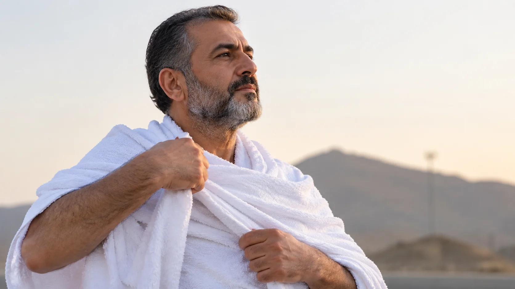 Mikat sınırında ihrama girmiş orta yaşlı Türk hacı, iki parça beyaz ihram kumaşını omzuna sararken yakın plan