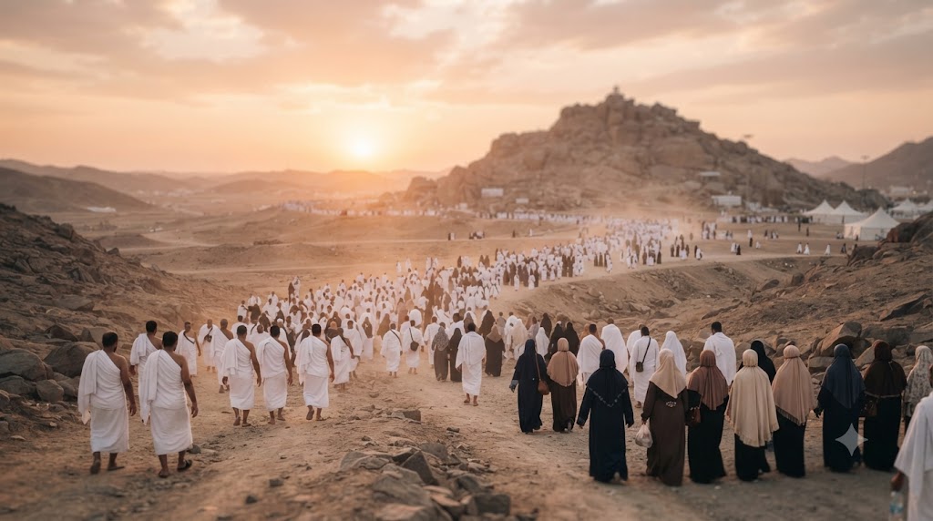 Arafat'ta Cebel-i Rahme'ye doğru yürüyen hacı kafilesi