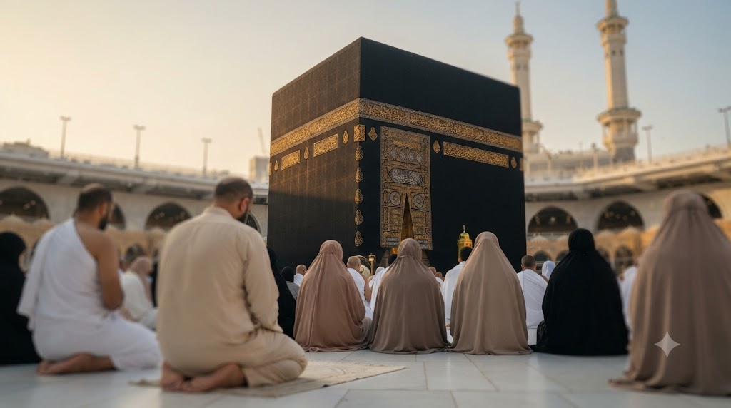 Mescid-i Haram'da Kâbe'ye yönelmiş namaz kılan hacılar