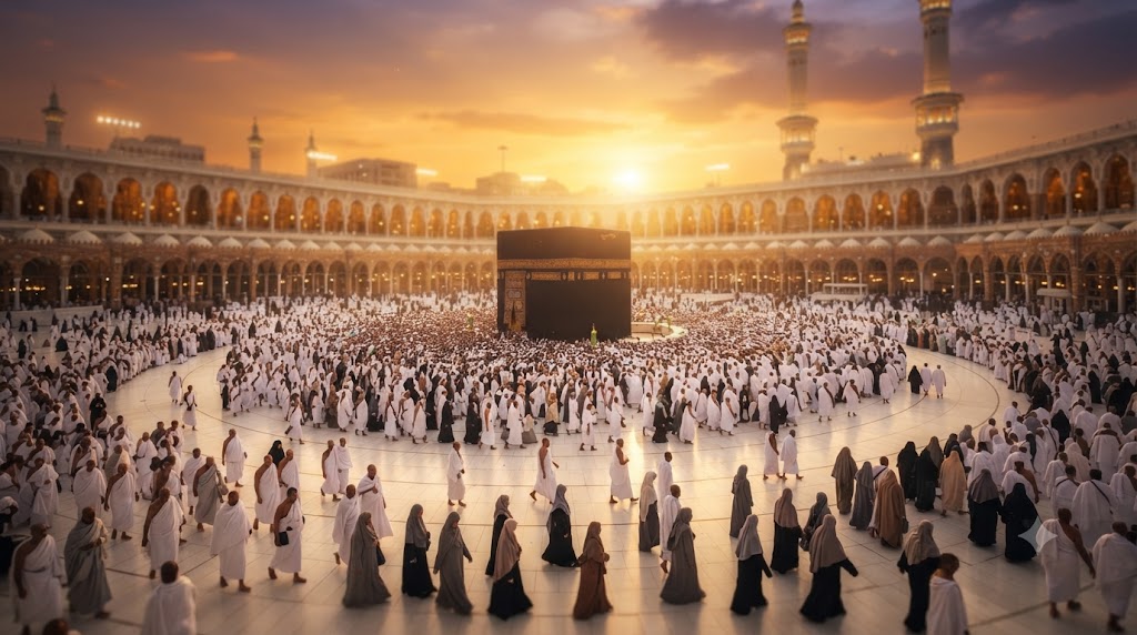 Hac kaç gün sürer sorusuna konu olan hac mevsiminde Kabe çevresinde ihramlı hacı adaylarının yer aldığı kalabalık sahne