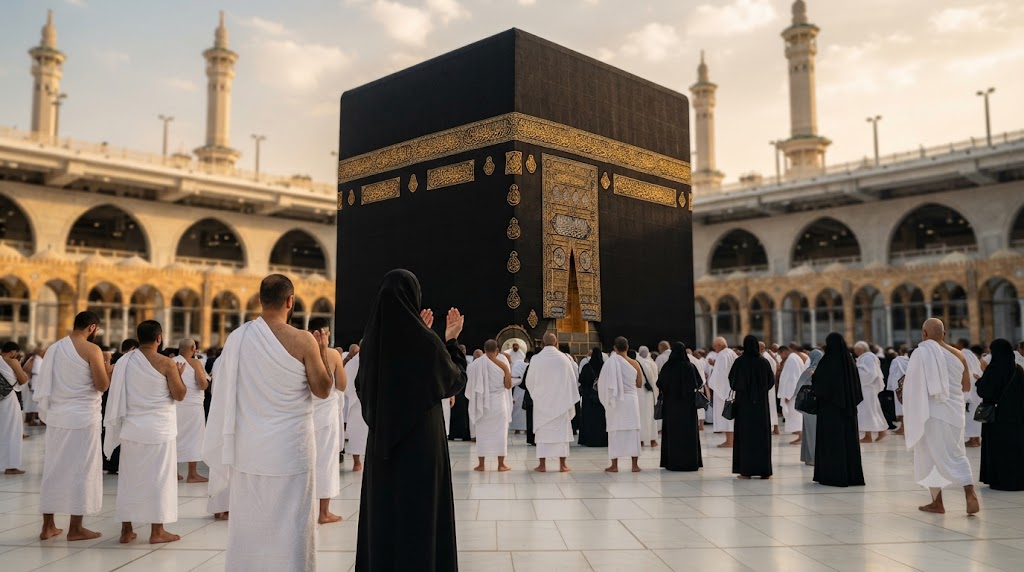 Mescid-i Haram avlusunda Kâbe çevresinde toplanan hacılar