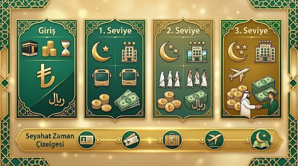Hac parası ödeme sürecini anlatan kavramsal görsel: banka kartı, dekont, takvim ve Kabe silueti