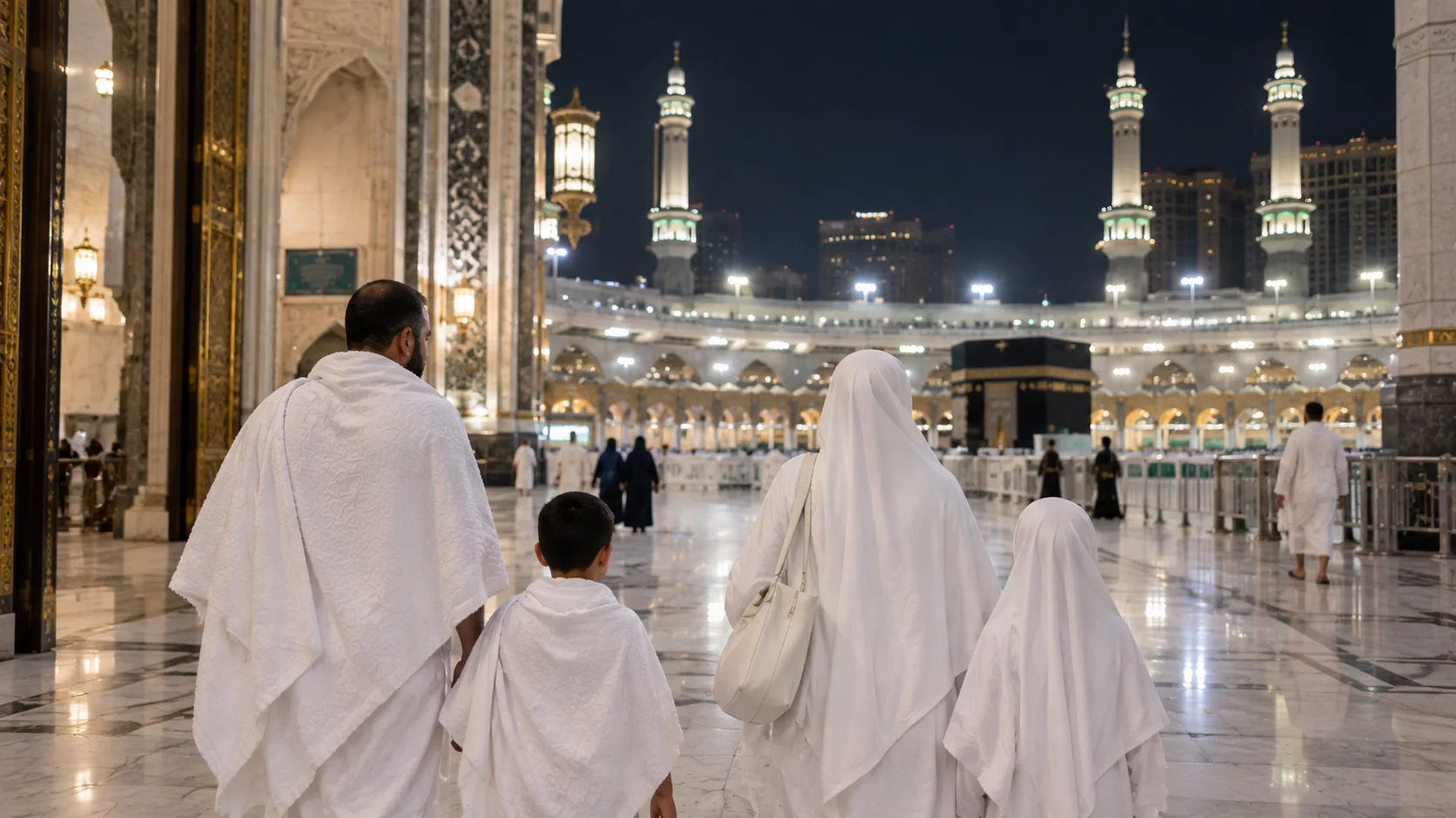 Umre için ihrama girmiş küçük bir aile Mescid-i Haram girişinde