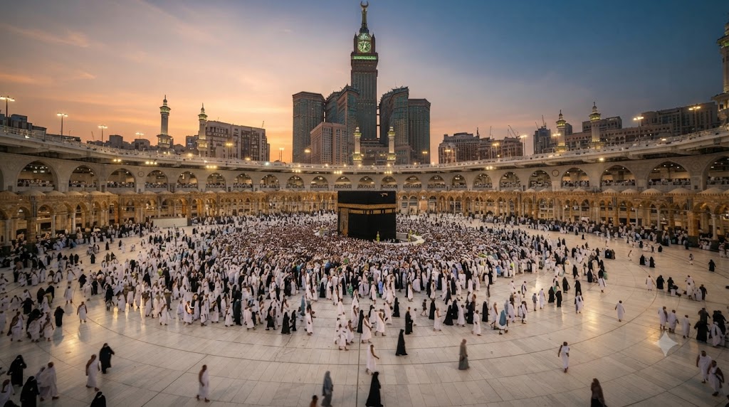 Kabe önünde ihramlı hacı adaylarının tavaf ettiÄşi, hacca gidene ne denir sorusunu konu alan hacı unvanı görseli