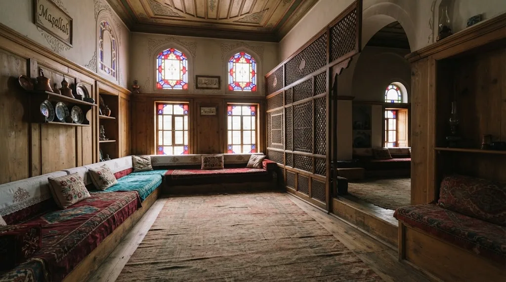 Osmanlı konak mimarisinde haremlik ve selamlık ayrımını anlatan iç mekân kompozisyonu