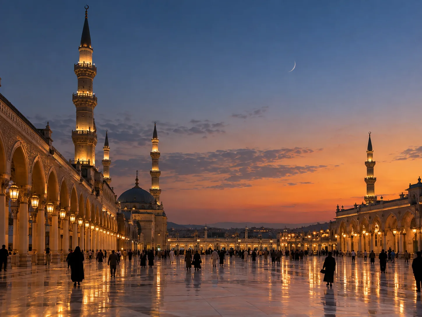 Mescid-i Haram avlusunda akşam vakti ufka bakan kalabalık ve gökyüzünde yeni ayın ince hilali ile kameri ay başlangıcı