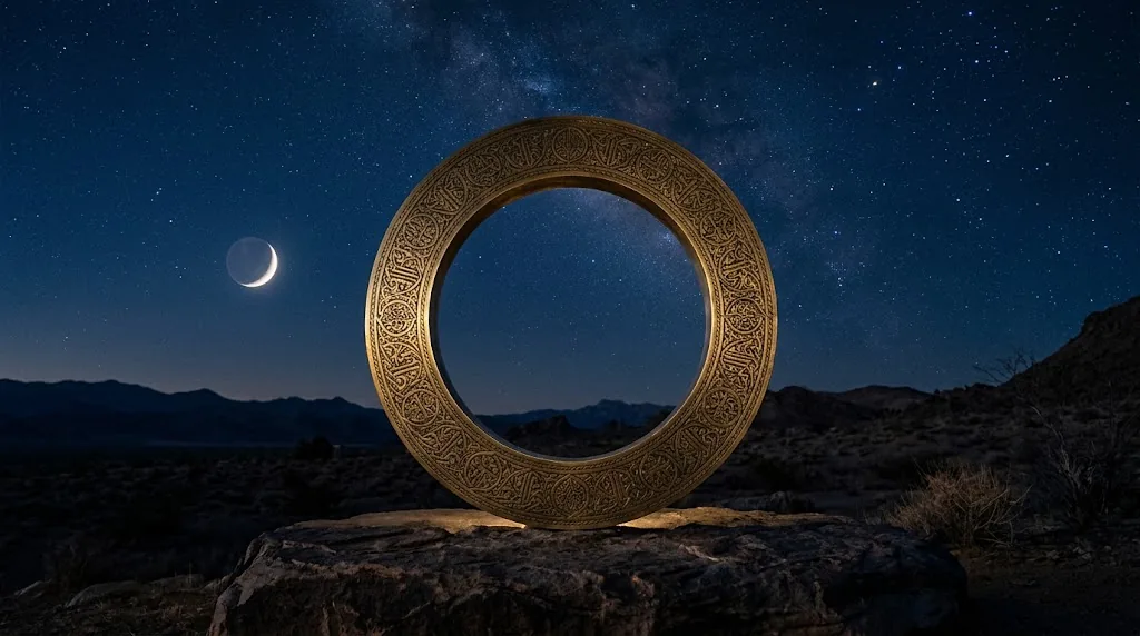 Gece göğünde ince hilal ve geometrik desenli takvim halkası ile hicri takvimi anlatan sembolik kompozisyon