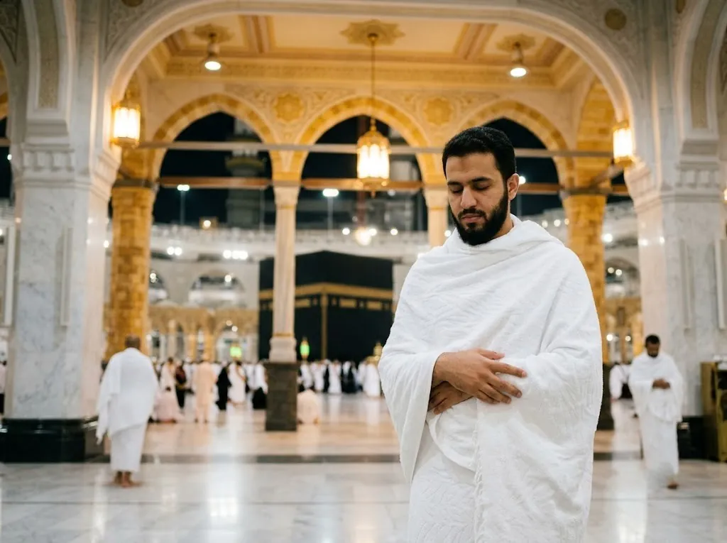 Umre yolculuğu için hazırlanan bavul ve katlanmış beyaz ihram takımları