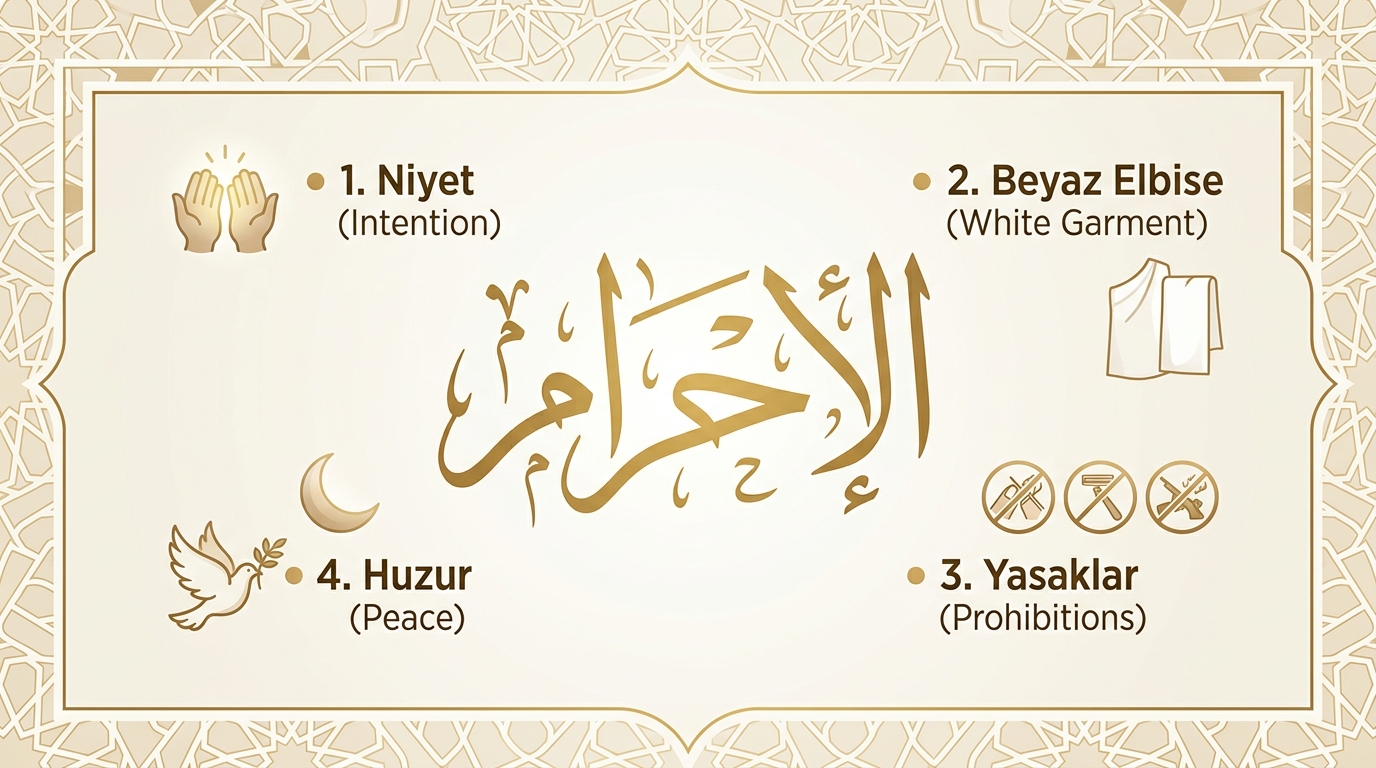 İhram kelimesinin Arapça hattı ile niyet, beyaz elbise, yasaklar ve huzur unsurları